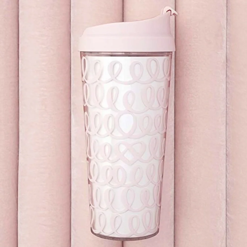 Kate Spade Bridal Cup Pink Insulated Travel Mug Heart Knot Tumbler Thermos NWT - Picture 1 of 5